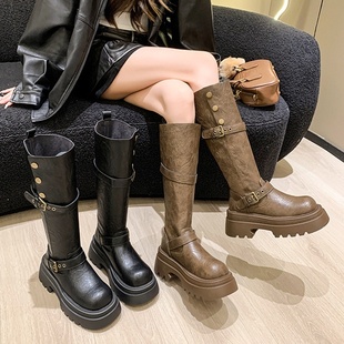 长筒靴女2025新款秋季复古皮带扣厚底百搭马丁靴子裤管骑士靴圆头