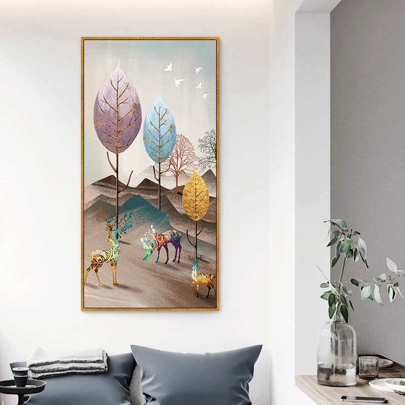 麋鹿北欧风过道走廊尽头入户进门竖版玄关挂画现代简约墙面装饰画