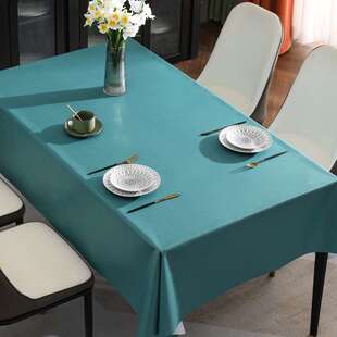 新款桌布免洗防油防水防烫布艺纯色长方形餐桌布茶几台布蓝色