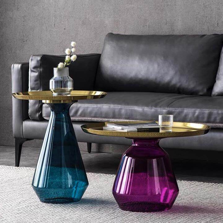 玻璃茶几轻奢高级感彩色小茶几北欧现代简约小户型沙发边几角几