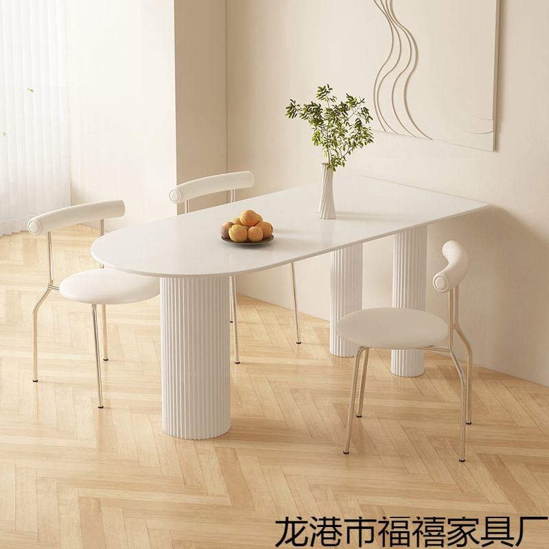 奶油风纯白色岩板餐桌餐椅组合现代简约小户型家用半圆形吃饭桌子