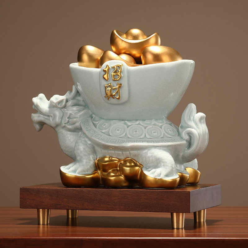 陶瓷聚宝盆龙龟摆件家居电视柜办公室博古架装饰玄关客厅现代简约