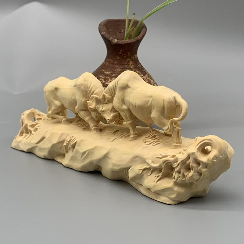斗牛款大叶黄杨木雕刻摆件摆饰家居文玩装饰厂家规格150×60×35