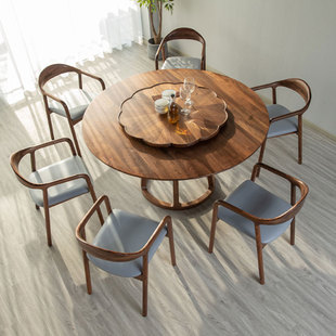 全实木黑胡桃木圆餐桌带转盘家用餐厅北欧轻奢现代简约式中式组合