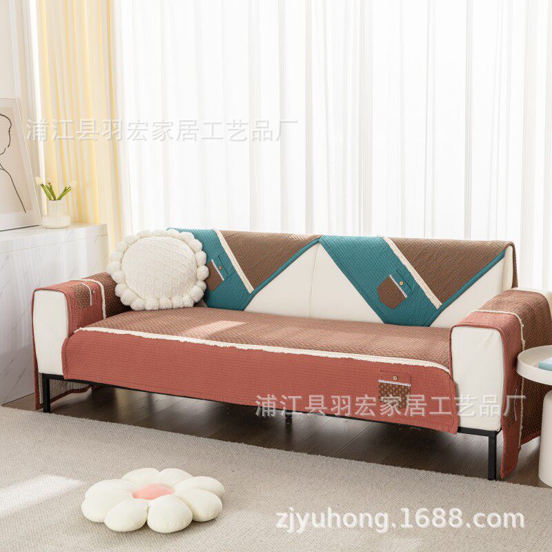 双层纱水洗棉简约现代风防滑沙发坐垫四季通用靠背巾盖布沙发巾