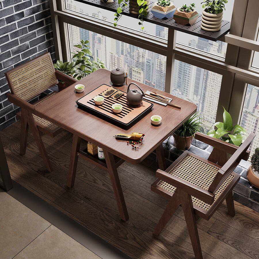 实木桌椅三件套组合中古风小户型家用茶几双层方餐桌阳台休闲茶桌