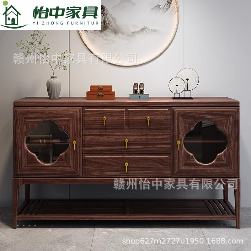 新中式乌金木全实木现代简约轻奢餐边柜客厅玄关柜餐厅储物茶水柜