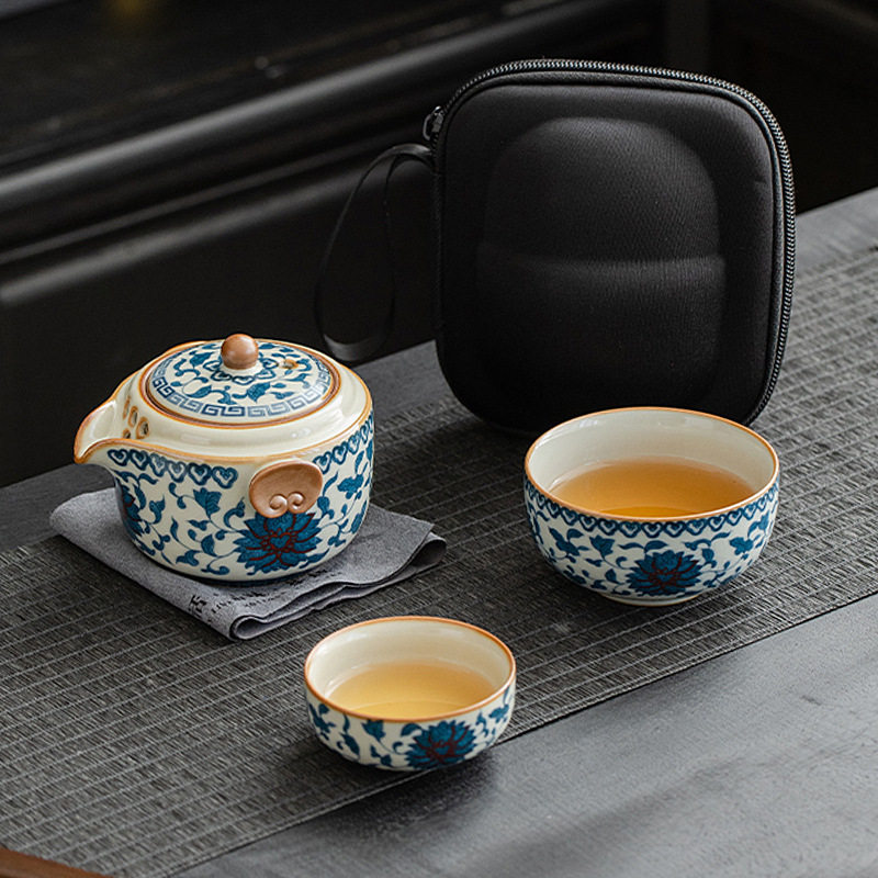 汝窑快客杯一壶二杯简易便携式旅行茶具手抓泡茶壶茶杯青花瓷露营