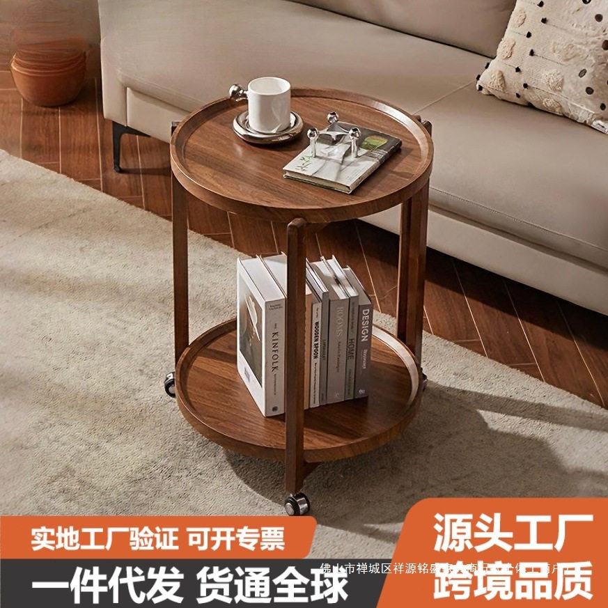 可移动小推车桌子边几客厅茶几沙发厨房推车橡胶木置物架移动茶几