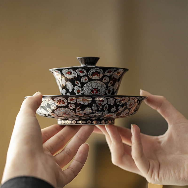 盛唐夜宴陶瓷盖碗壶承茶道配件多用茶点盘点心盘金银错满花品杯