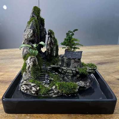 小屋绿植山中盆景微景观实心假山吸水石水景摆件陶瓷工艺品造景