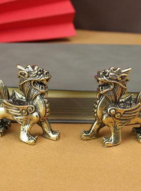 0麒麟黄铜摆件茶具茶宠办公室实心飞天麒麟纯铜金属工艺摆件小礼