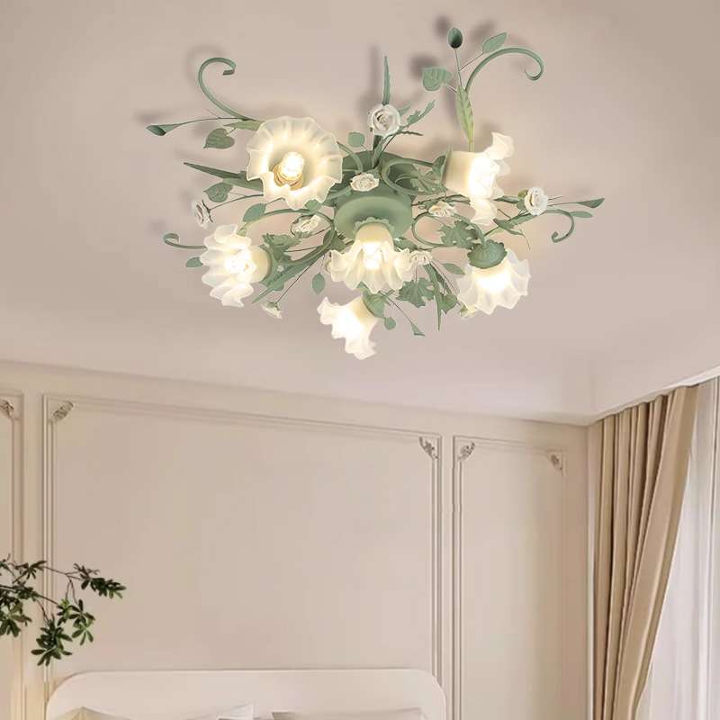 佳苑蓝色田园风格吸顶灯玫瑰花铁艺复古房间卧室灯温馨浪漫花草灯