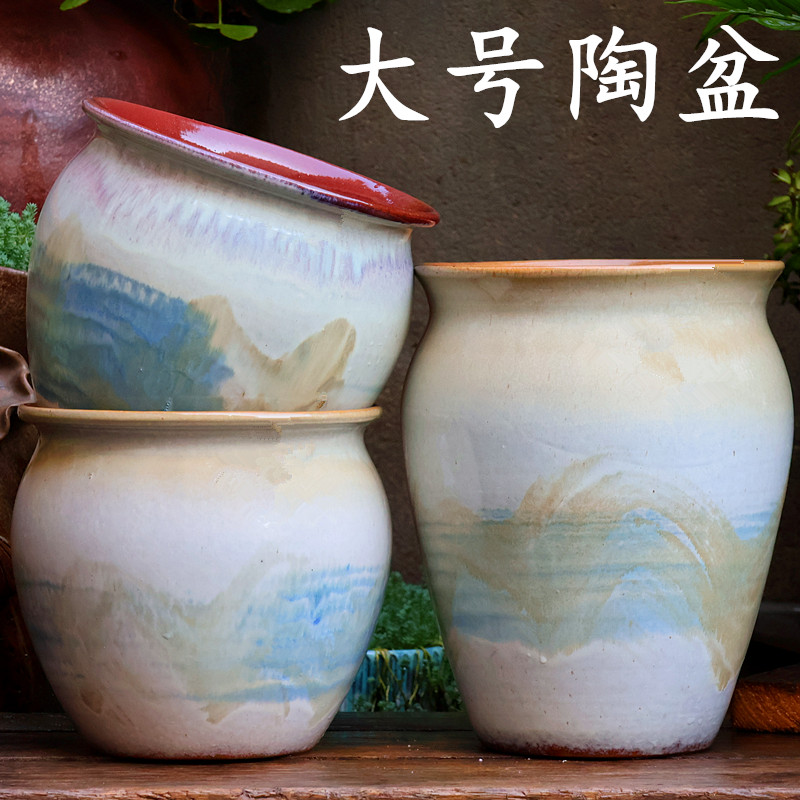 速发手工粗陶透气花盆陶瓷多肉盆植大口高陶大紫砂绿三角梅鸟罐盆