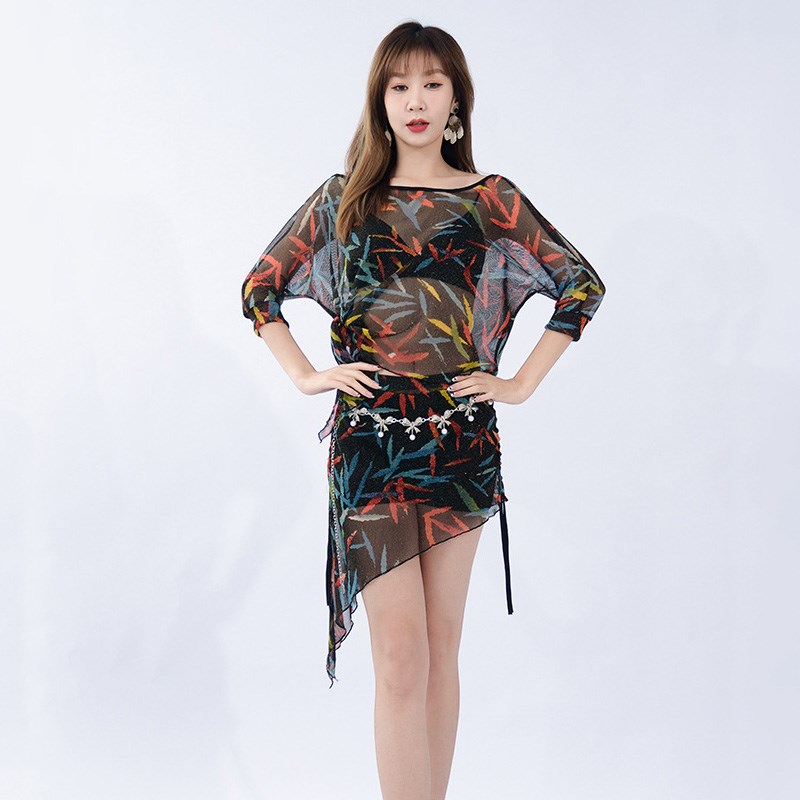 速发演感宽松中袖舞衣肚皮纱练功服套装个性小众舞蹈服舞台性出表