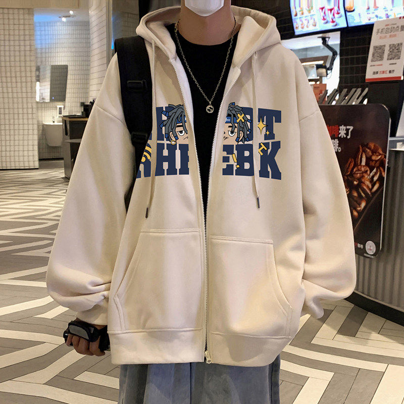 速发慵懒风卫衣外套男春美式宽松休闲拉链开衫港风复古连帽衫