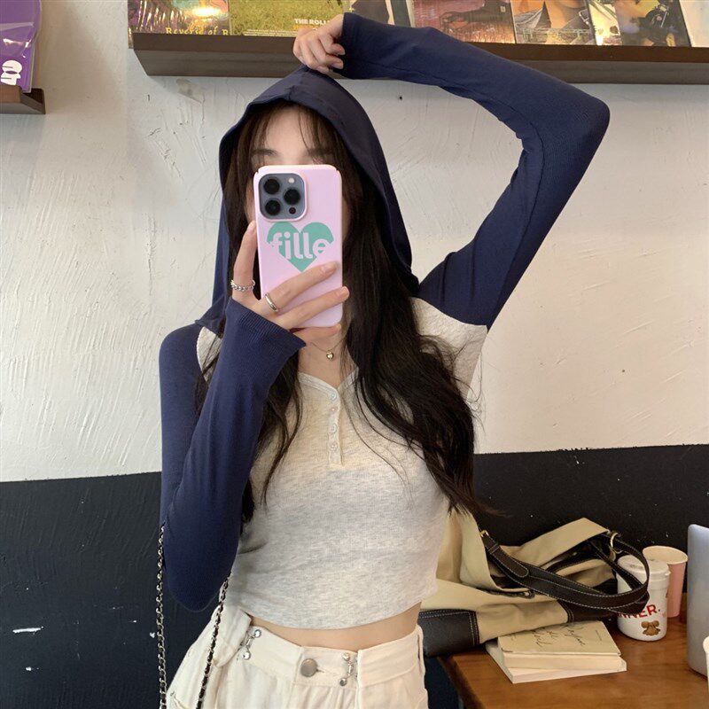 速发辣妹复古撞色运动上衣欧美纯欲性感露脐短款v领长袖薄款连帽t