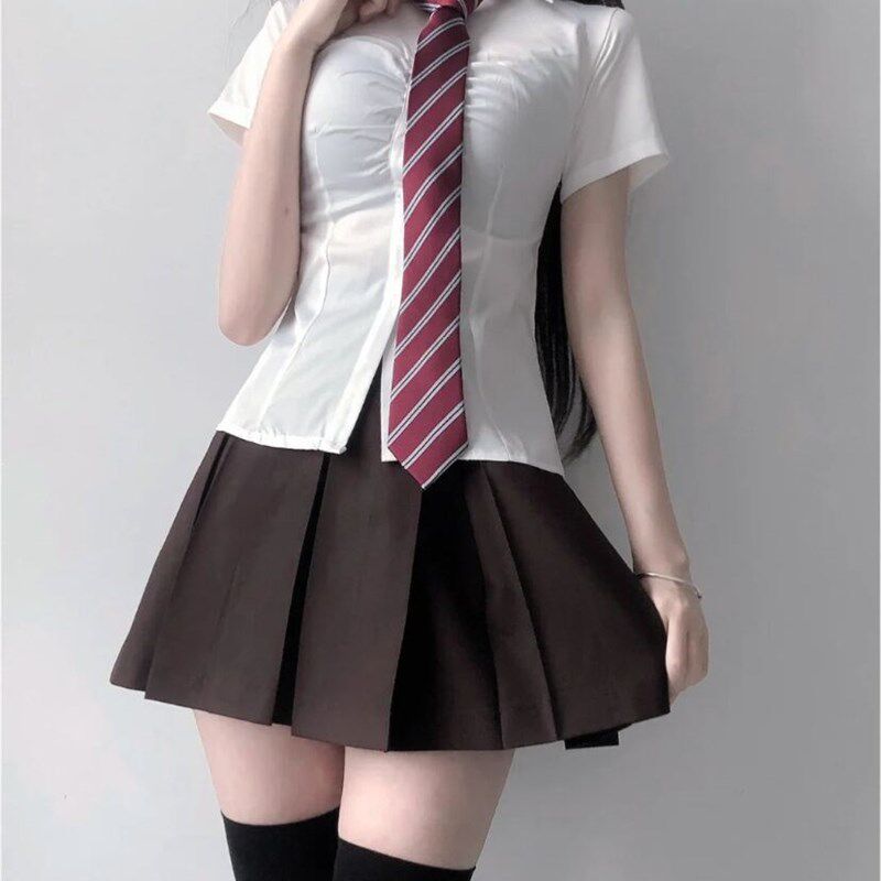 速发纯欲辣夏收衣褶皱上衣妹季白色衬腰JK制服套装