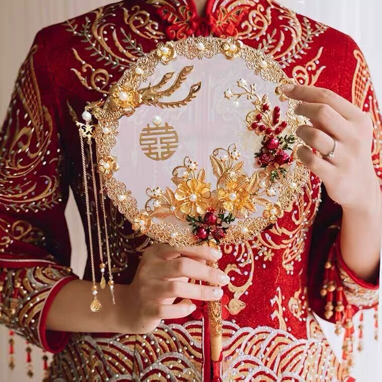速发婚礼新娘中手喜扇子出嫁手捧花古典团秀式工龙凤扇禾服结婚