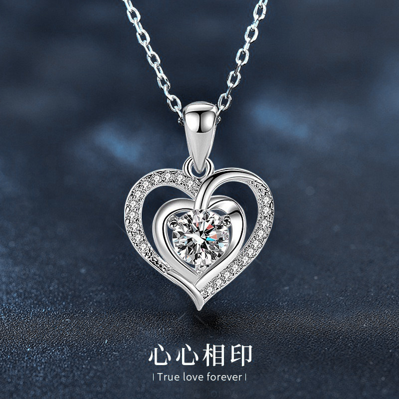 日本品质925纯银爱心项链银饰莫桑石网红潮流锁骨吊坠生日礼物送