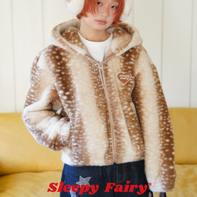 复古斑点小鹿皮毛一体连帽温暖感