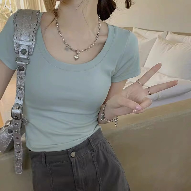 纯色U领正肩短袖T恤女夏季女装短款设计感修身纯棉大圆领短款上衣