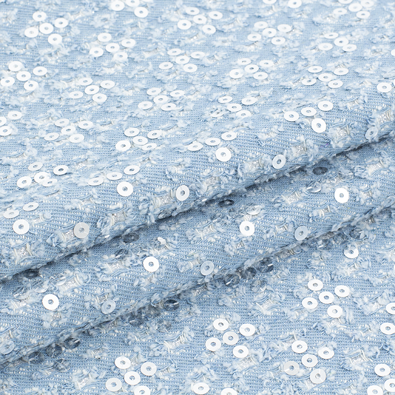 亮片破洞牛仔布料水洗做旧纯棉外套衬衫夹克肌理感服装设计师面料