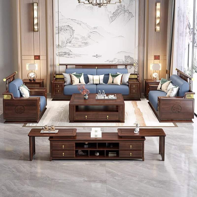新中式乌金木全实木沙发123组合现代轻奢洋房别墅大户型客厅家具