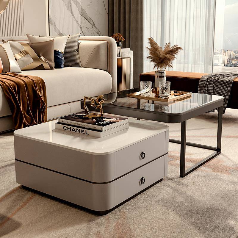 my现代简约客厅家用小户型岩板玻璃双层方形茶几大小组合