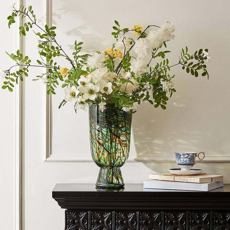 现代简约样板间客厅孔雀绿色花瓶花器插花花艺组合电视柜装饰摆件