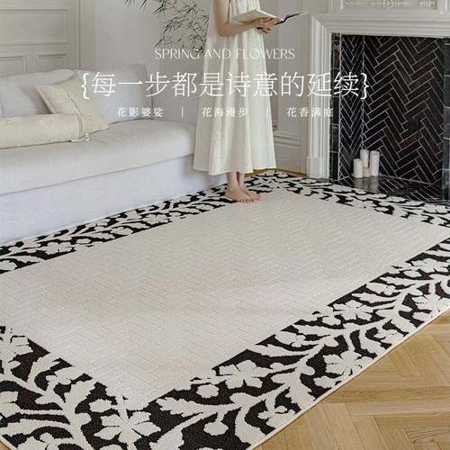 Caviosen防水抗污客厅地毯中古风花卉轻奢高级感免打理卧室地垫