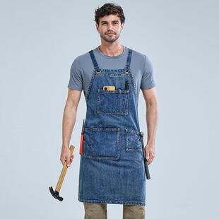 水洗牛仔围裙耐磨烫染美发师厨房服务员工作服