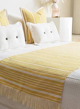 北欧风黄色棉麻条纹抱枕民宿客栈床旗床尾巾样板间床尾毯软装靠枕
