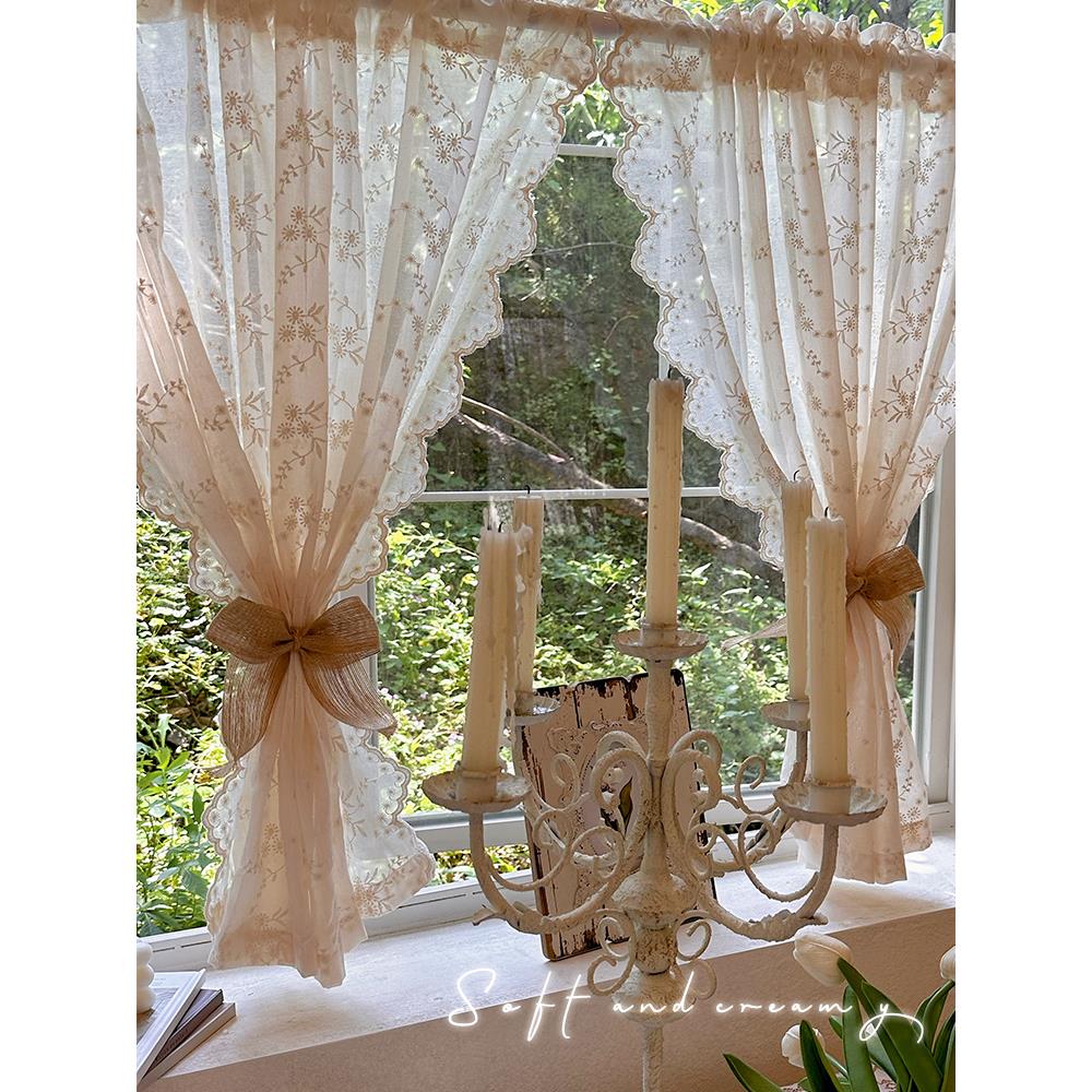 法式刺绣小窗帘米色半帘复古卧室厨房隔断波浪边门帘免打孔遮挡