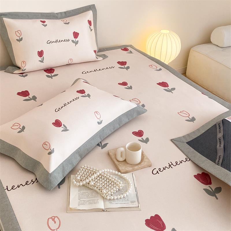 夏季A类1200D冰丝席少女心小花床笠式凉席三件套可水洗空调席软席