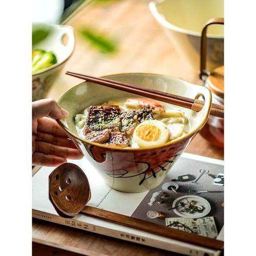 面食专用碗，双耳陶瓷面汤碗，可爱方便面碗，竹帽面碗，面碗，家