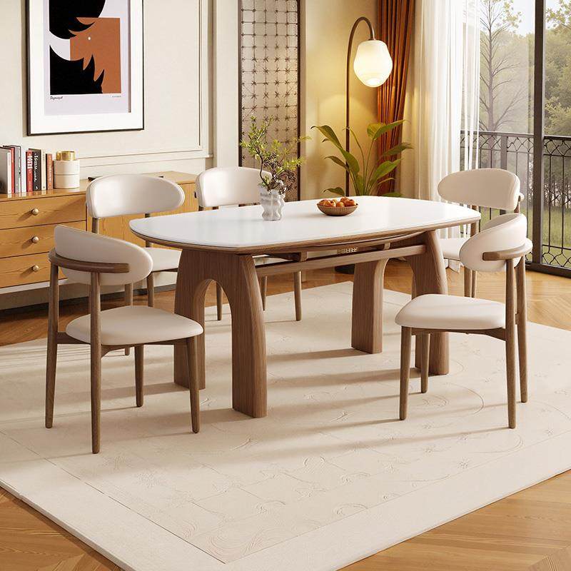 中古风实木岩板伸缩餐桌可变圆桌家用小户型现代简约方圆两用桌子