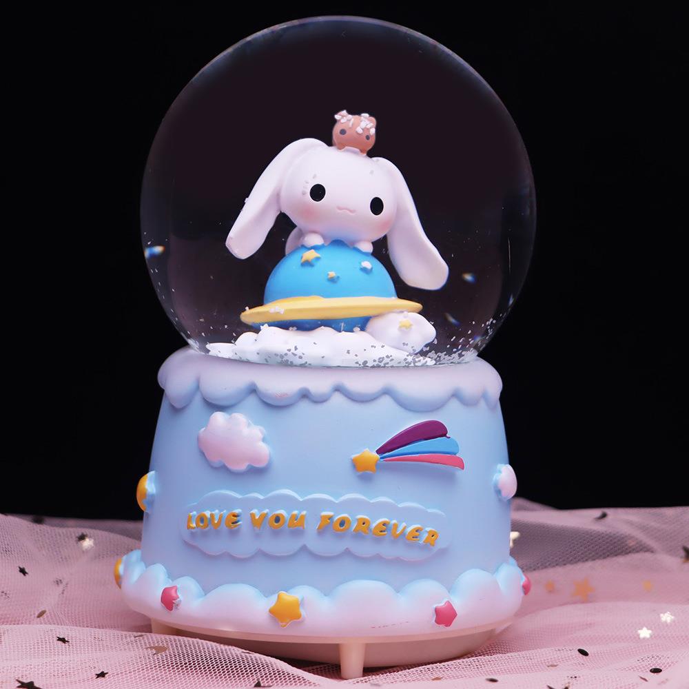 创意卡通星云梦兔彩灯飘雪花旋转玻璃水晶球音乐盒儿童女生日礼品