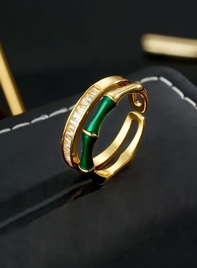 新款高级感中式滴油绿色竹节镶锆石开口戒指轻奢小众精致百搭指环