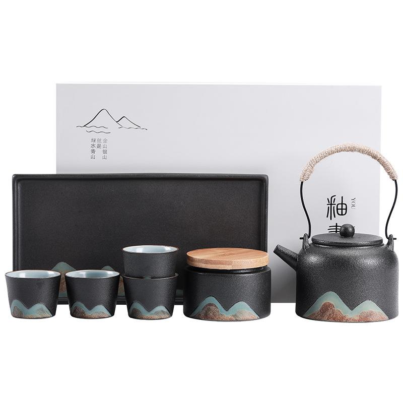 日式粗陶手绘远山提梁壶茶具套组大茶壶一壶四杯干泡茶具套装礼品