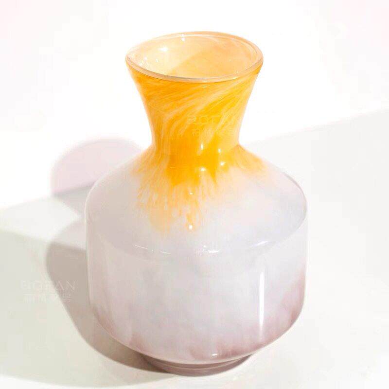 瑞典北欧设计中古风水培插花日落渐变艺术琉璃玻璃花器摆件客厅