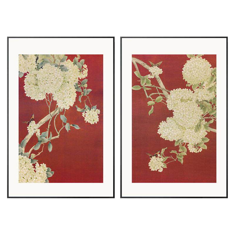 新中式客厅装饰画中国风花鸟绣球花红色玄关餐厅画沙发背景墙壁画