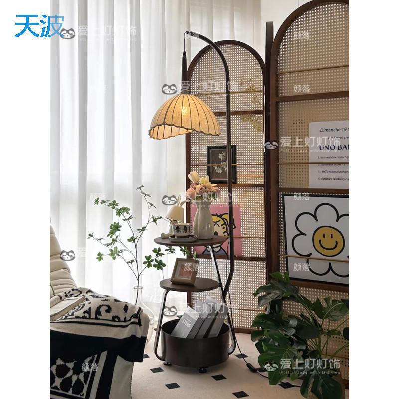 dnd2024新款复古落地灯置物架一体中古风卧室法式客厅沙发边几氛