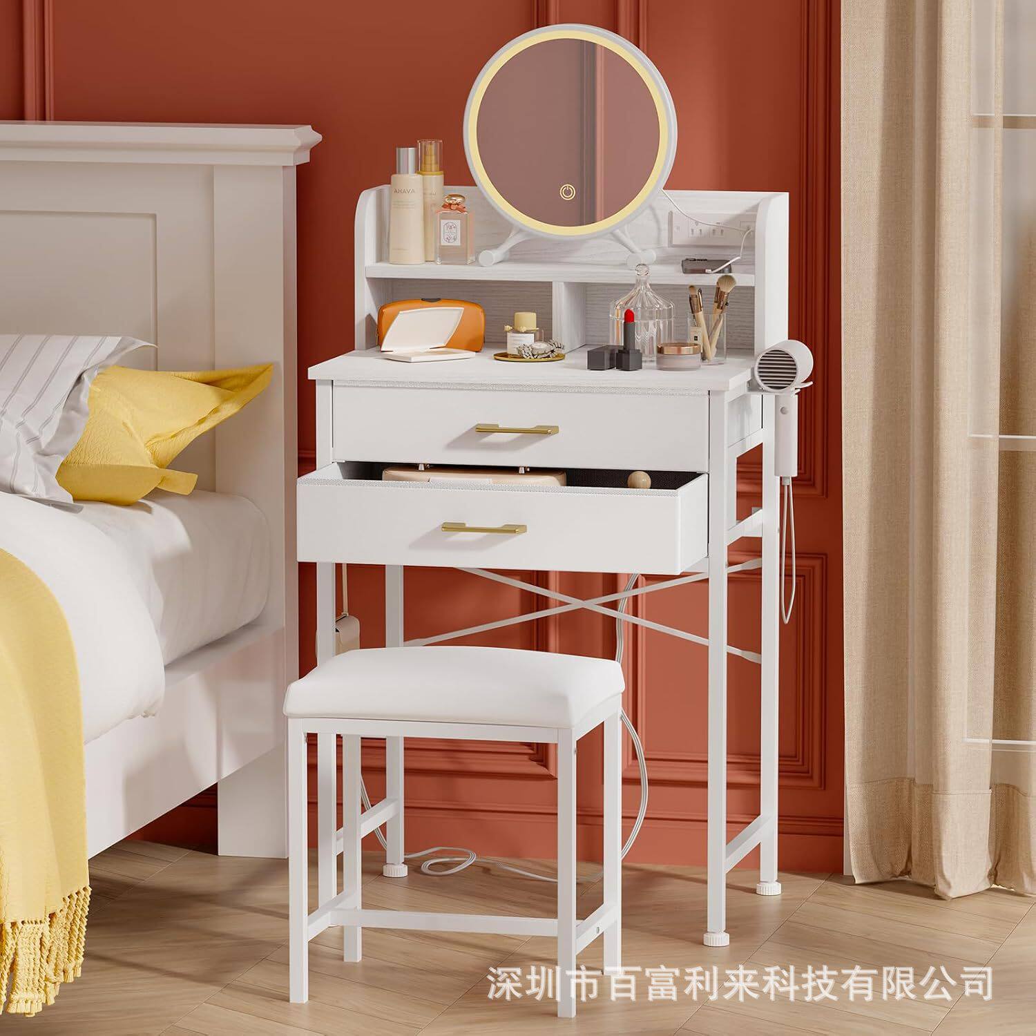 梳妆台板式家具外贸amzom跨境亚马逊现代简约白色小型带灯化妆桌