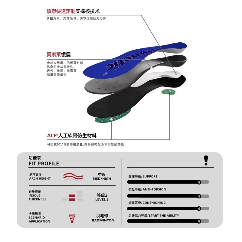 setht鞋垫羽毛乒乓球运动鞋垫足弓支撑减震回弹吸汗透气