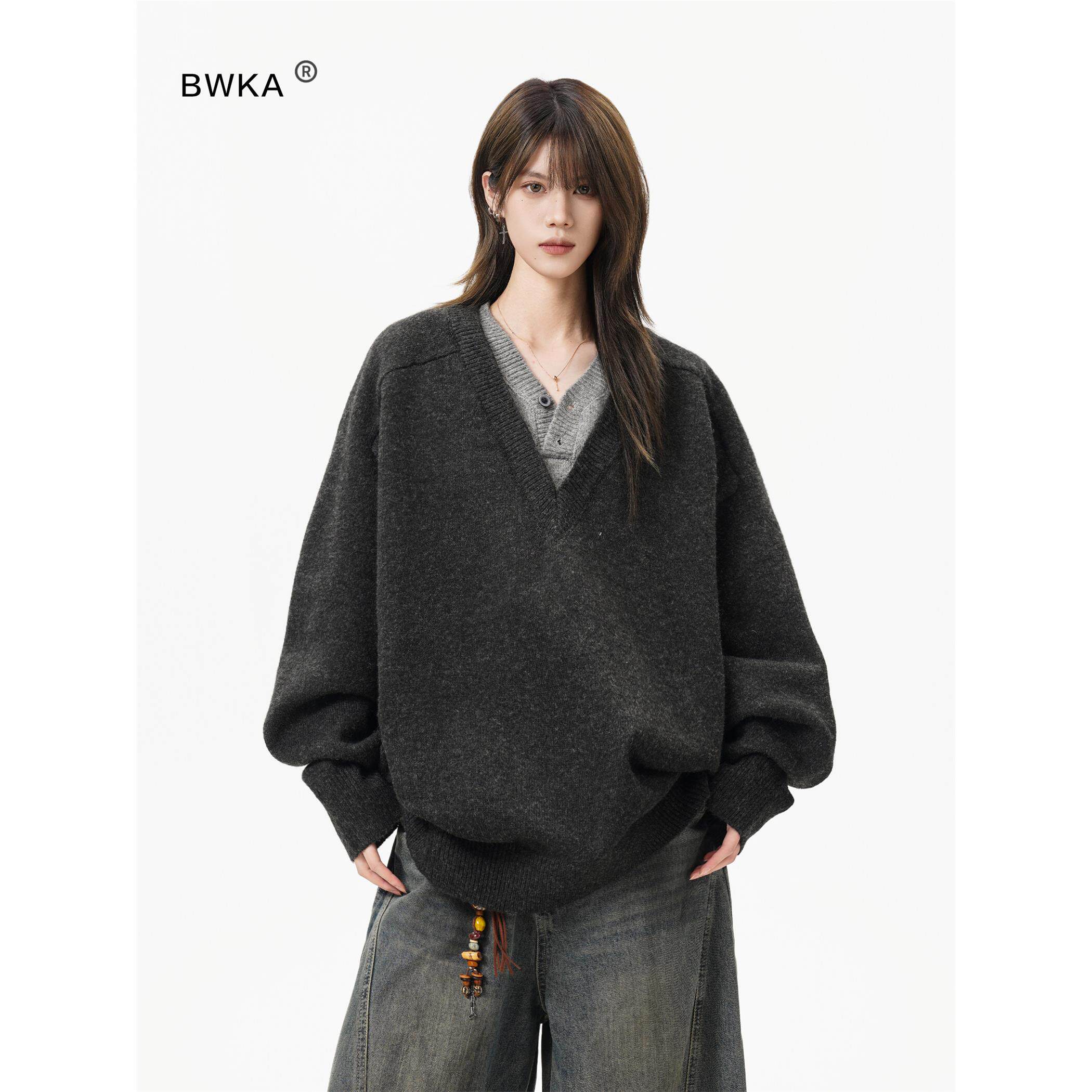 重磅假两件V领针织衫女男秋冬覆古慵懒休闲毛衣老钱风内搭打底衫