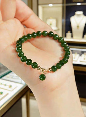 宫廷云朵和田碧玉菠菜绿小米珠手
