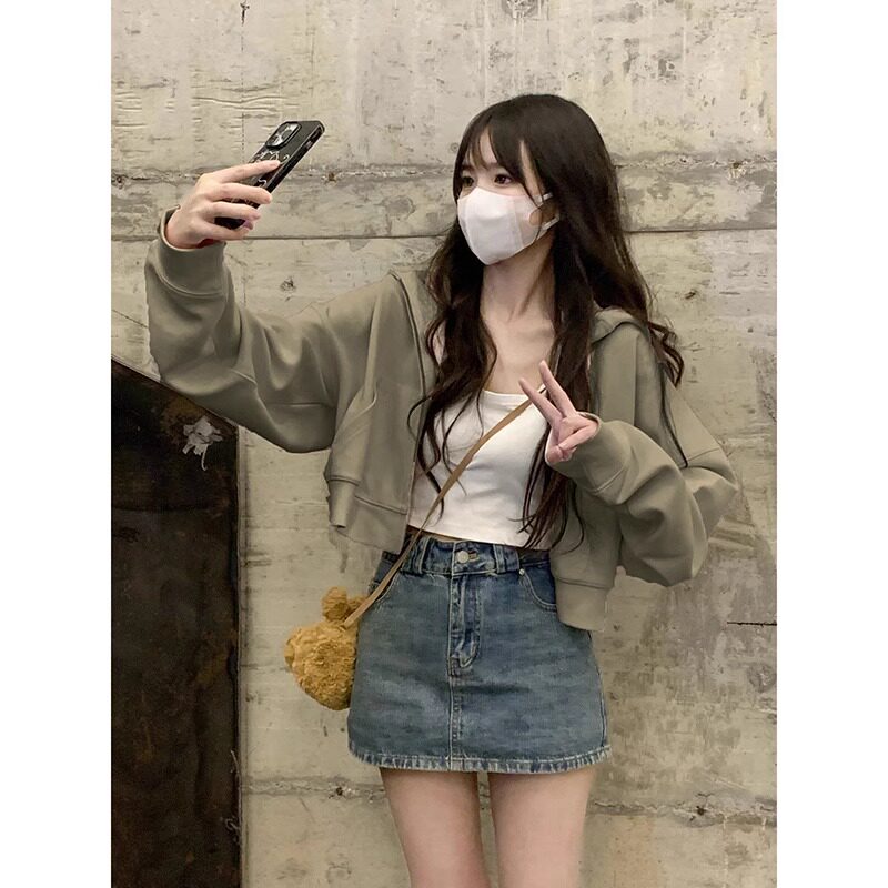 速发灰绿色短款卫衣小个子20衫4早春新款外套2帽拉链开连美式宽松