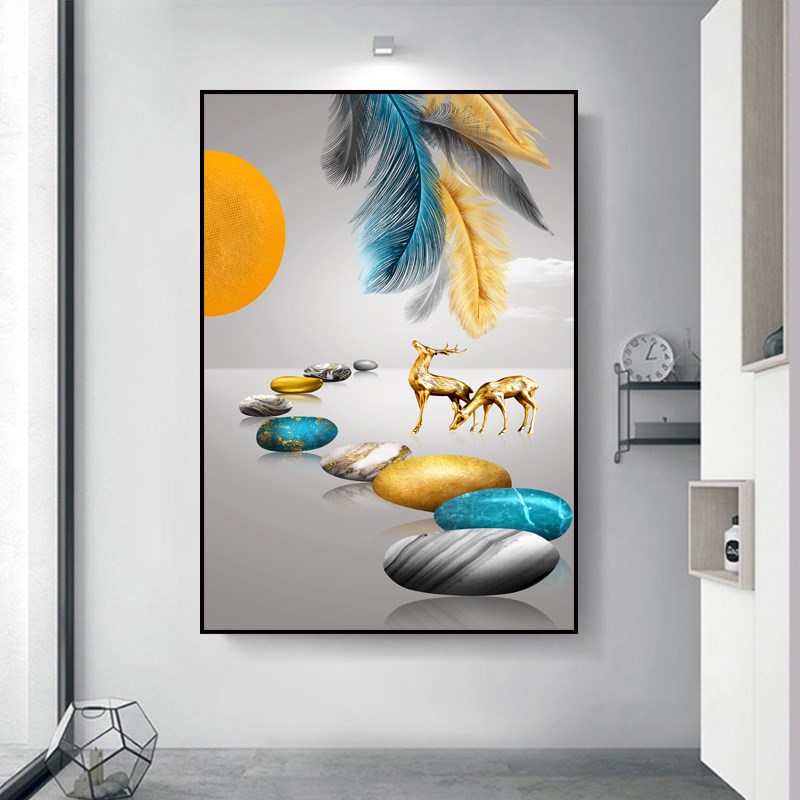 速发轻奢麋鹿招财挂画入户走廊过道玄关墙面装饰画楼梯间竖版单幅图片