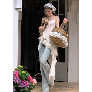 速发LE山海半夏连铃设计感不规则碎花短款荷叶边吊带风衣裙夏